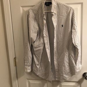 White w/black blue stripes casual shirt used good